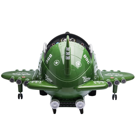 12V Electric Ride-On Toy Plane with 360-Degree Rotating Feature, USB, FM, and Remote Control for Kids 3 to 6, Army Green