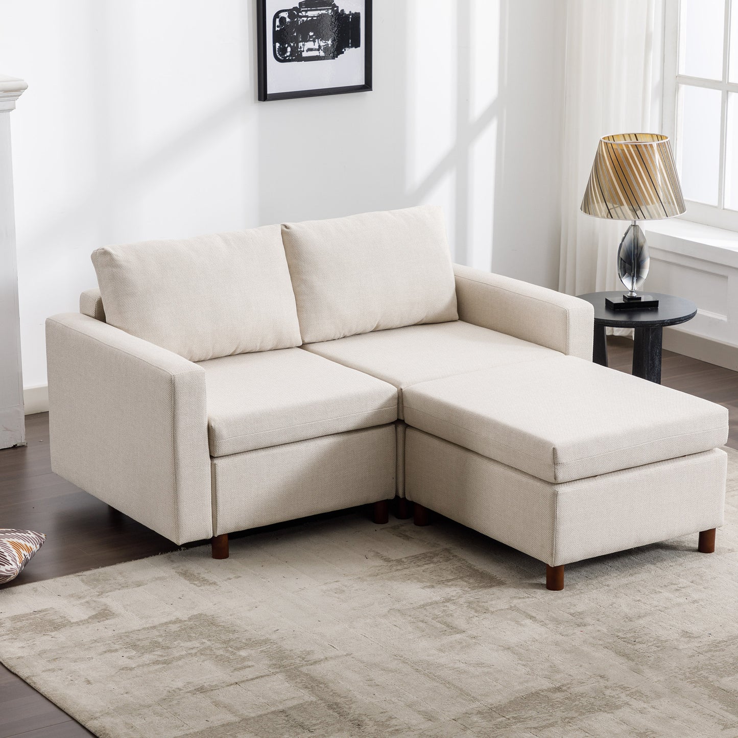 2-Seater Modular Sectional Sofa Couch with Ottoman, Cream Linen Upholstery