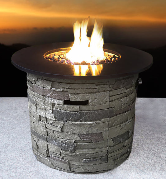 24-Inch Round Fiber Reinforced Concrete Outdoor Fire Pit Table with Hidden Propane Tank