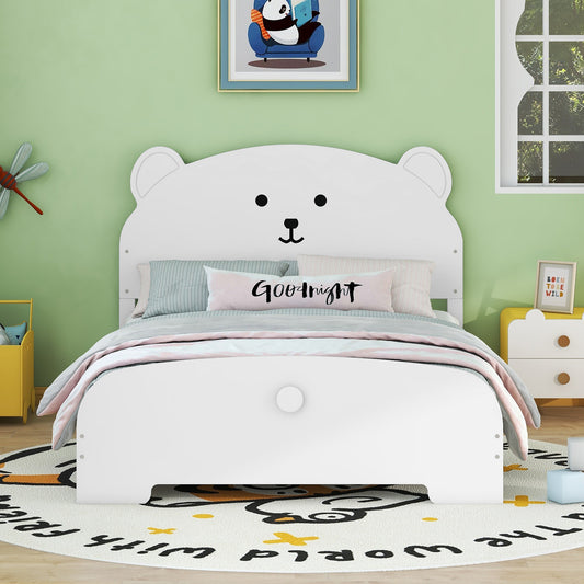 Full Size Wood Platform Bed with Bear-shaped Headboard and Footboard,White