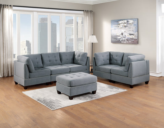 Gray Linen Modular Sofa Set with Tufted Couch and Nailhead Accents