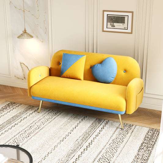 Yellow Velvet Sofa with Two Pillows for Small Spaces