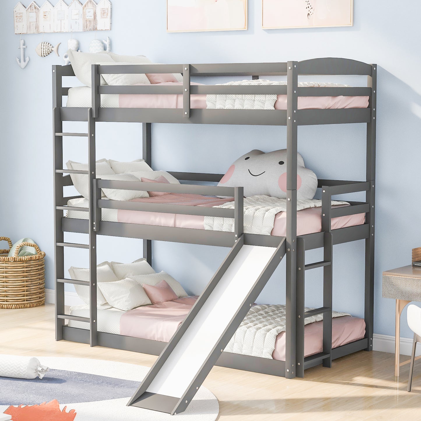 Adjustable Gray Triple Bunk Bed with Ladder, Slide, and Twin Size (OLD SKU: SM000508AAE)