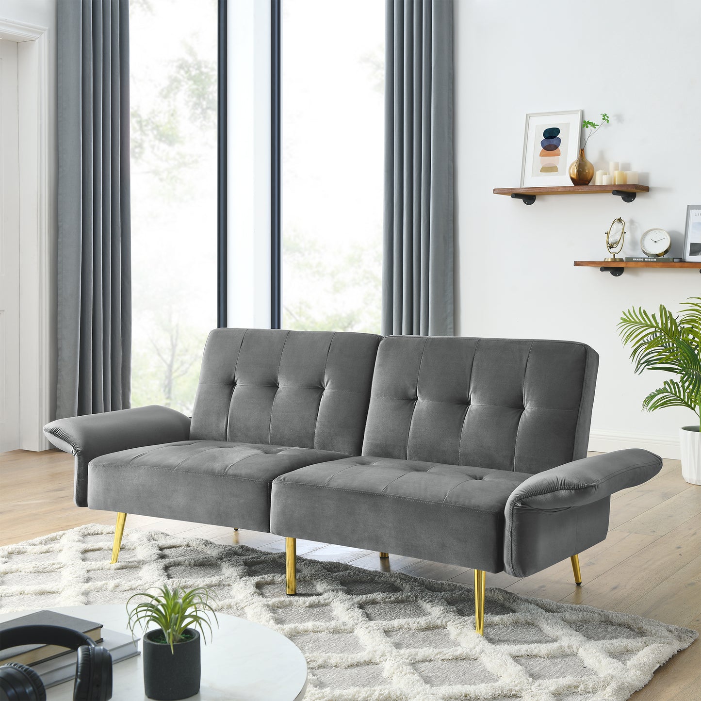 Italian Velvet Futon Sofa Bed with Folded Armrests, Storage, and 280g Velvet - Grey