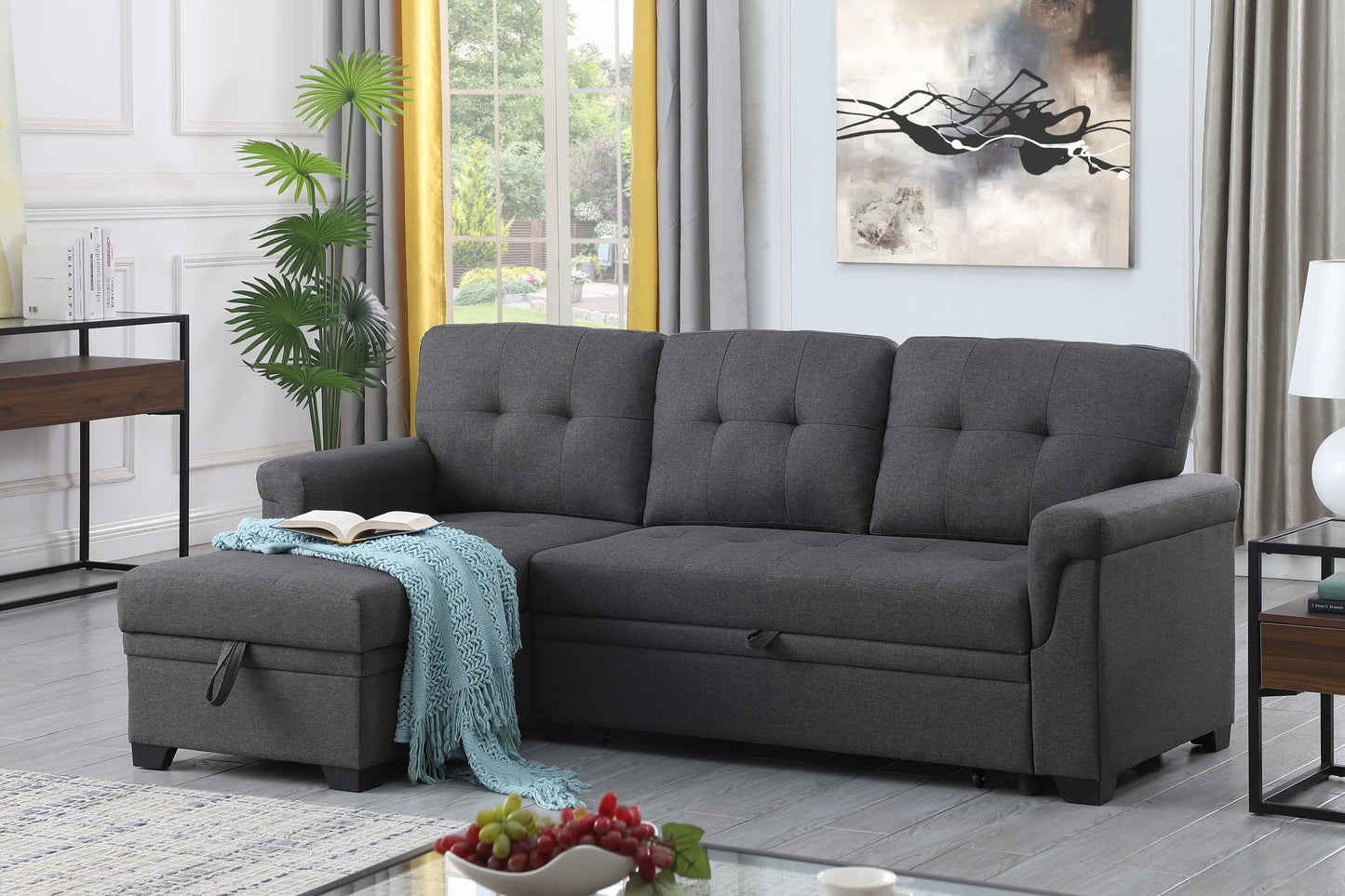 Lucca Dark Gray Linen Sectional Sofa with Reversible Sleeper Chaise and Storage