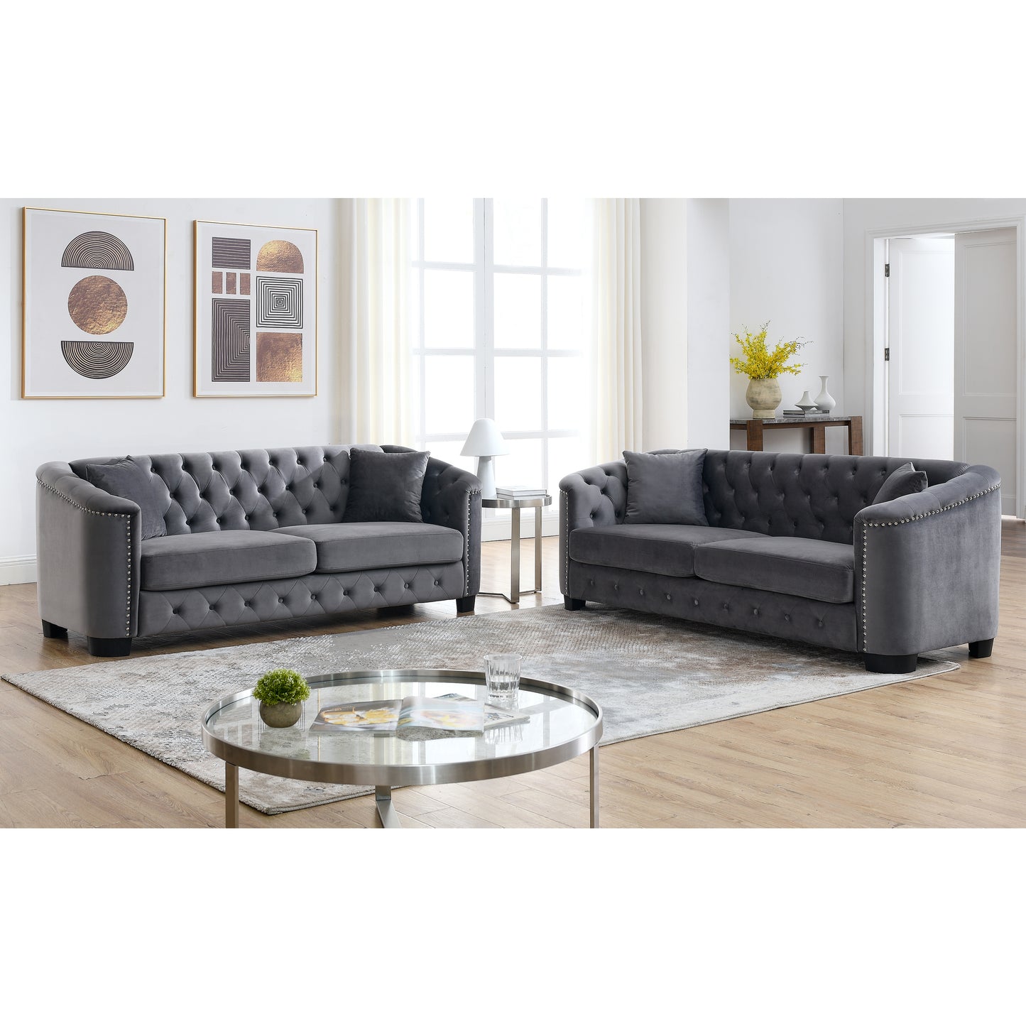 3-Seater Velvet Grey Sofa Set with Pillows