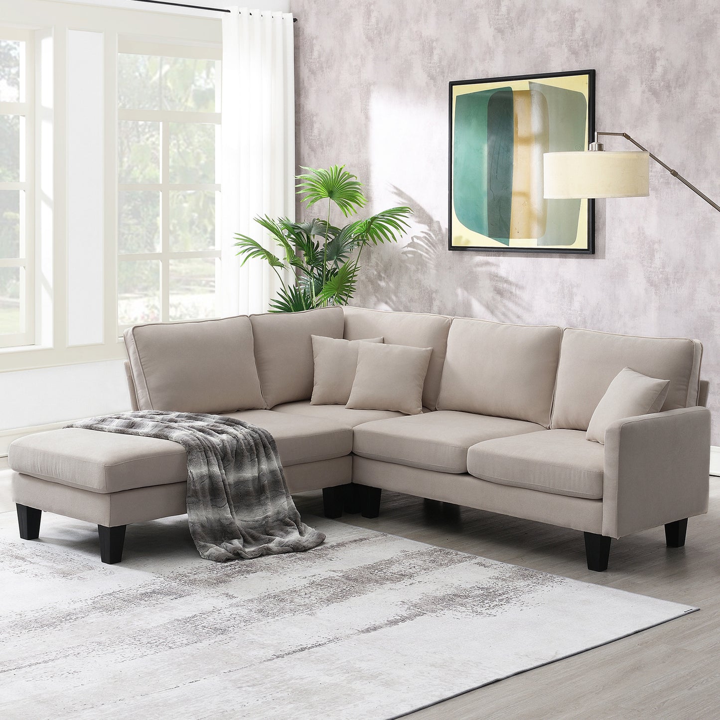 Terrycloth Minimalist L-Shaped Sectional Sofa with Chaise Lounge