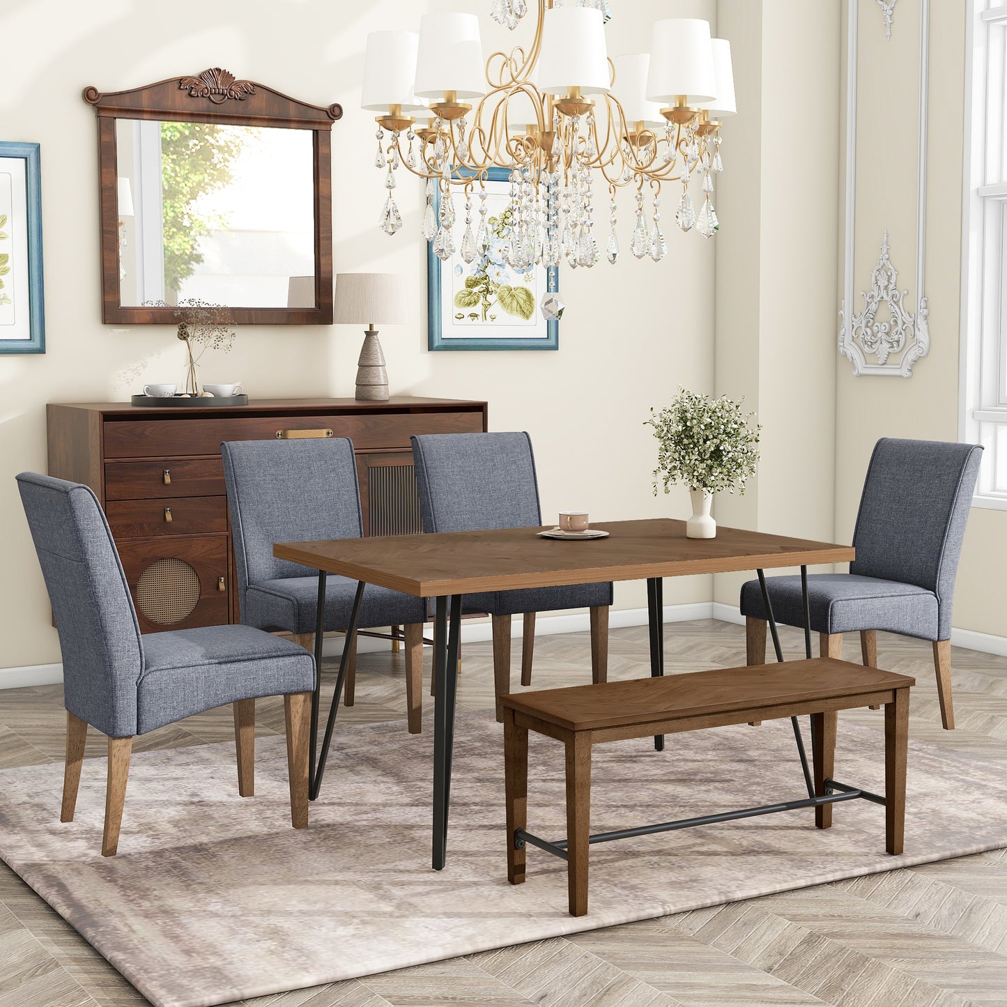 Modern 6-Piece Dining Table Set with V-Shape Metal Legs, Wood Kitchen Table Set with 4 Upholstered Chairs and Bench for 6,Brown