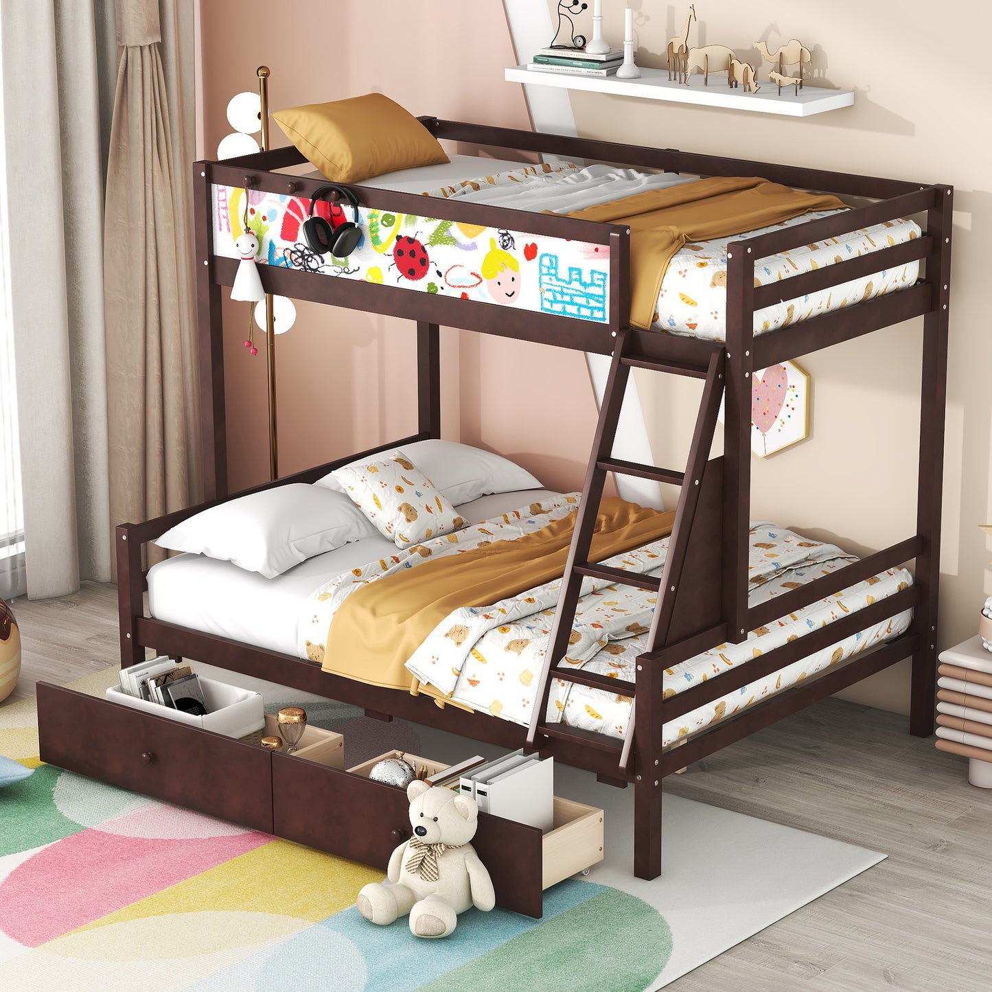 Espresso Twin over Full Bunk Bed with Whiteboard, Storage, and Safety Features