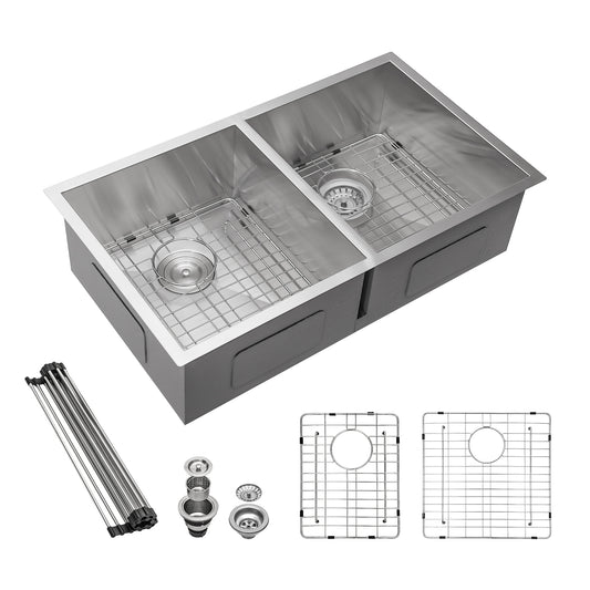 32x18 Stainless Steel Undermount Double Bowl Kitchen Sink with Offset Drain and 9 Inch Depth