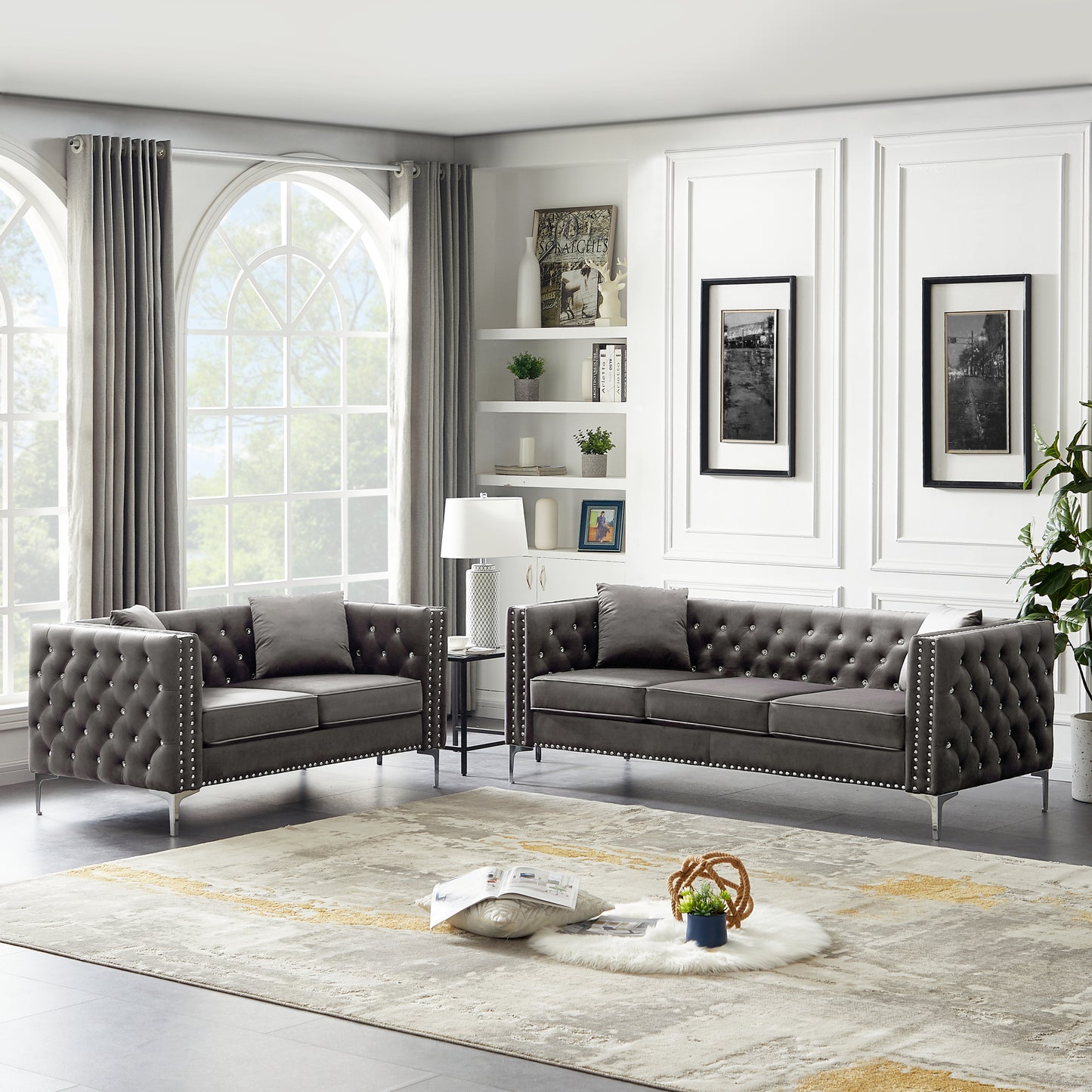 Luxurious 2 Piece Modern Velvet Living Room Set with Jeweled Button Tufting and Silver Nailhead Trimming