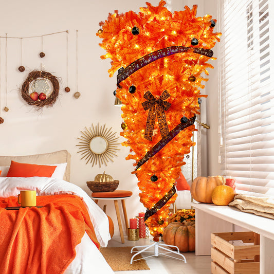 Upside Down Halloween-Inspired 7.5 FT Tree with Orange Foliage and LED Lights