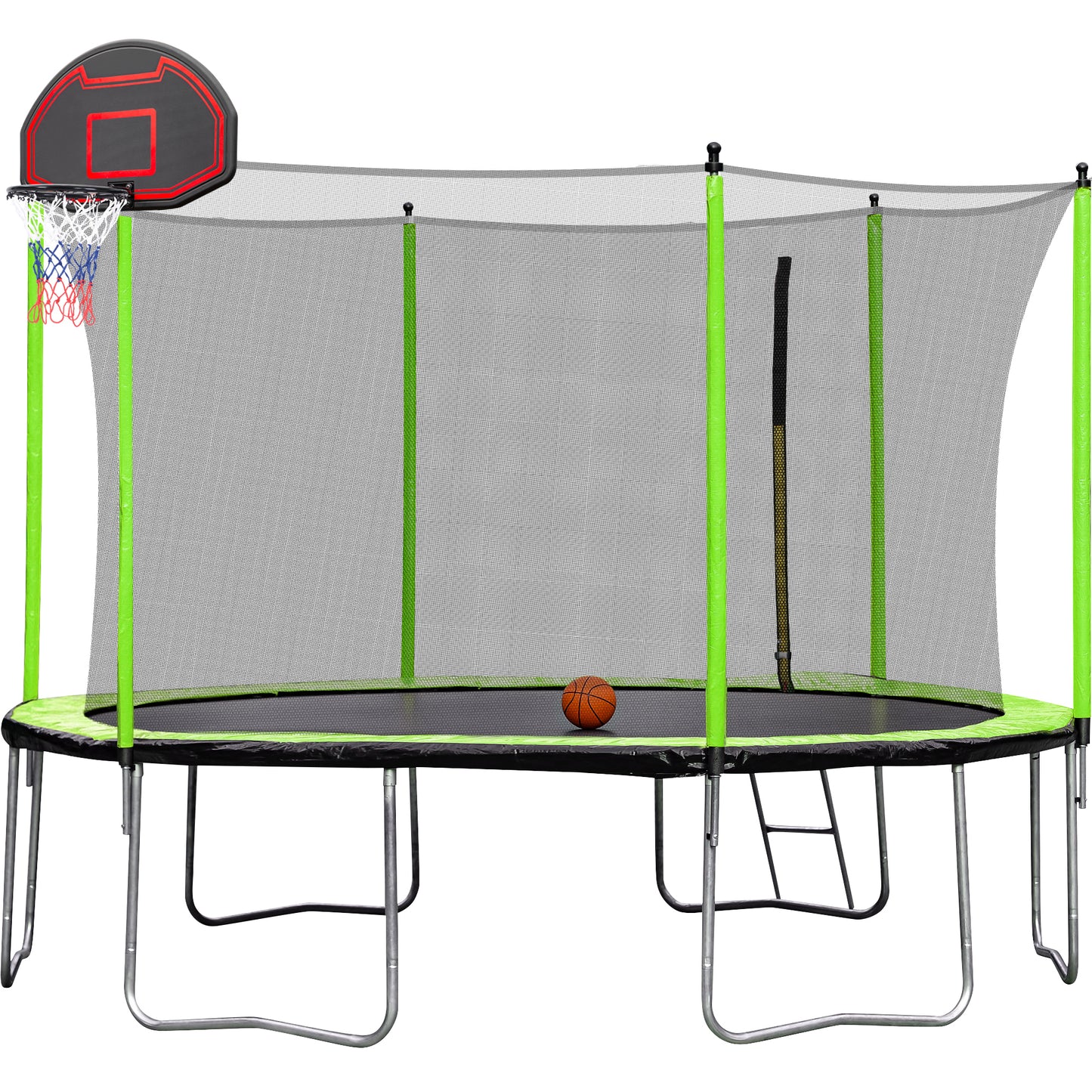 14FT  Trampoline with Basketball Hoop Inflator and Ladder(Inner Safety Enclosure) Green