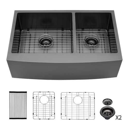 Gunmetal Black Double Bowl Farmhouse Kitchen Sink - 33x21x10 Stainless Steel Apron Front Sink with Two 10 Deep Basins