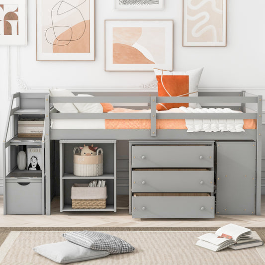 Twin Size Loft Bed with Retractable Writing Desk and 3 Drawers, Wooden Loft Bed with Storage Stairs and Shelves, Gray