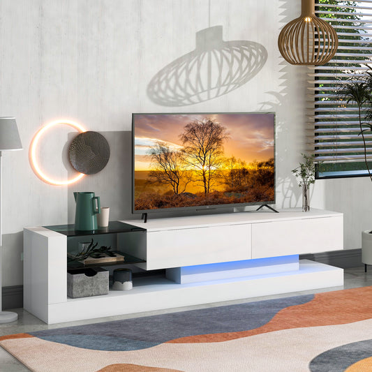 Modern White TV Stand with 16-Color LED Lights and Spacious Storage for 75 Inch TV