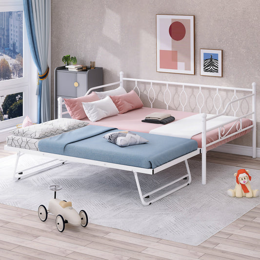 Full Size Metal Daybed with Twin Size Adjustable Trundle, Portable Folding Trundle, White(OLC SKU:MF293730AAK)