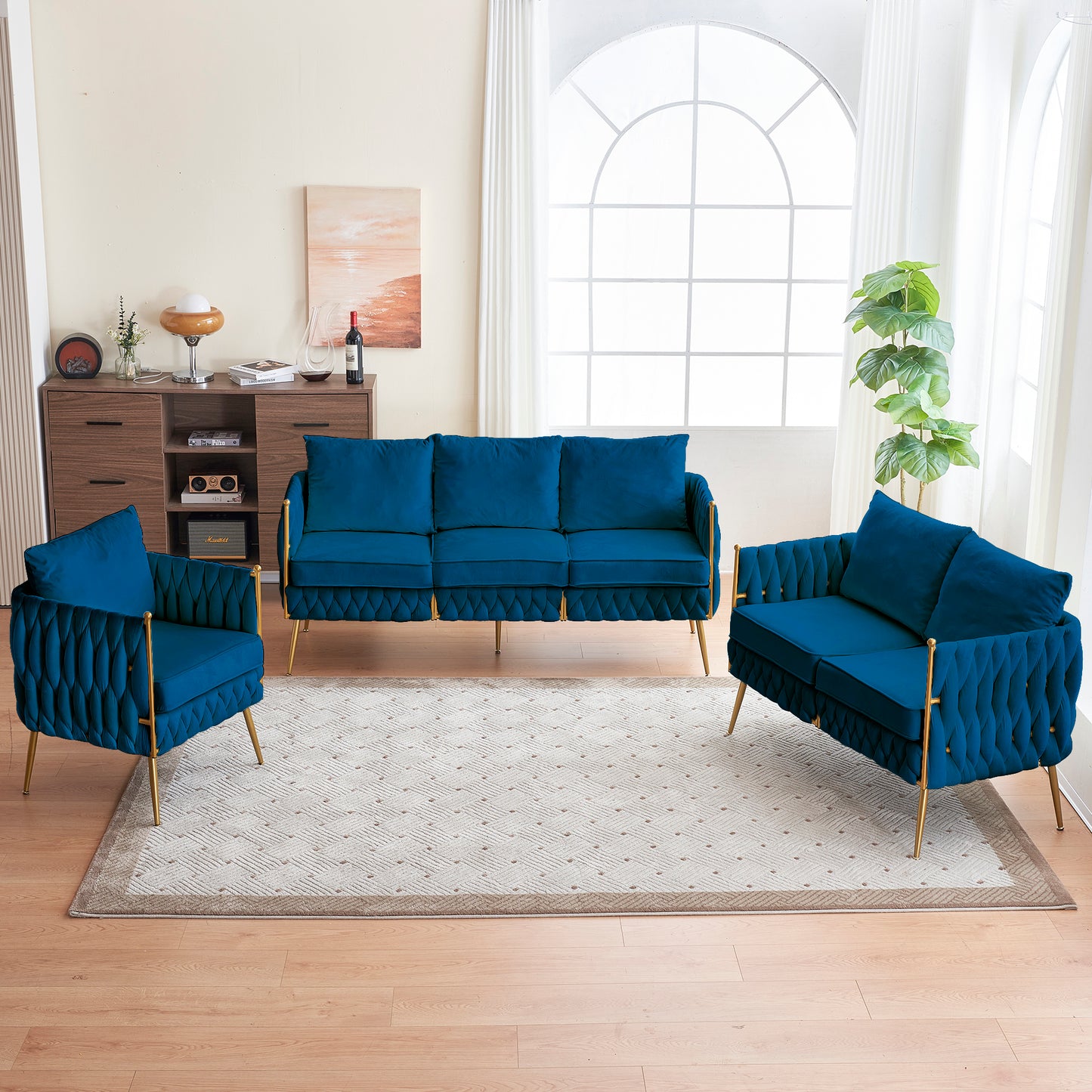 Modern 3-Piece Velvet Upholstered Handmade Woven Back Sofa Sets with Sturdy Metal Legs, Including Three Seat Couch Loveseat, and Single Chair for Living Room, Blue Velvet