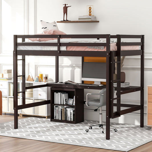 Full size Loft Bed with Desk and Writing Board, Wooden Loft Bed with Desk & 2 Drawers Cabinet- Espresso