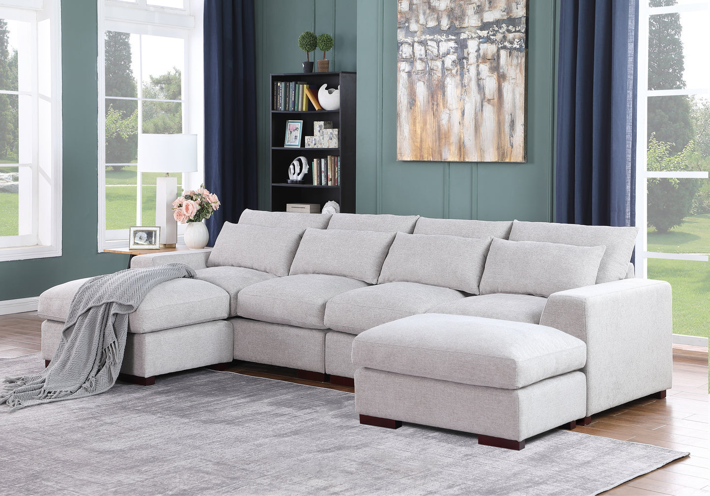 Tatman Linen Blend Sectional with 2 Ottomans