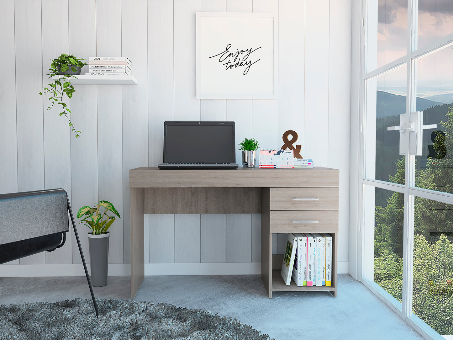 Light Grey Computer Desk with Drawers and Shelf for Berkeley