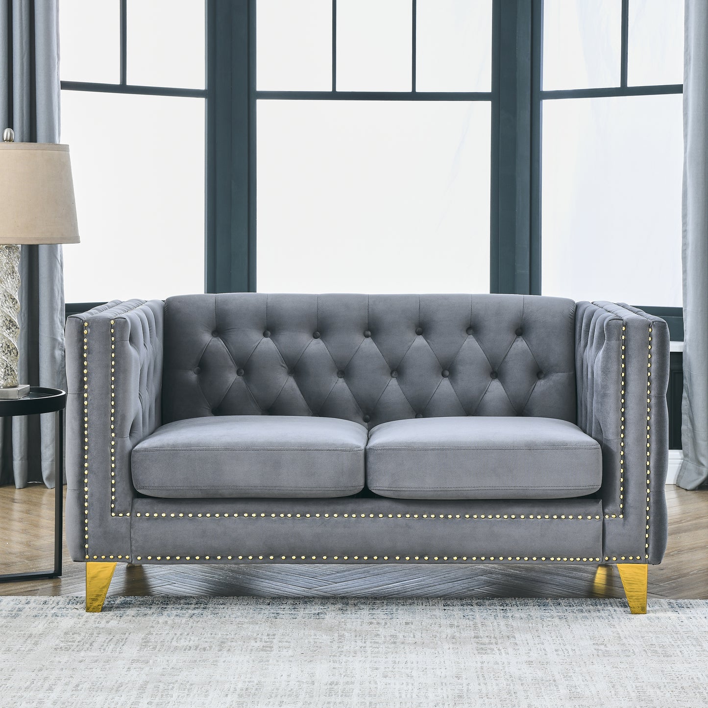 Velvet Sofa for Living Room,Buttons Tufted Square Arm Couch, Modern Couch Upholstered Button and Metal Legs, Sofa Couch for Bedroom, Grey Velvet-2S