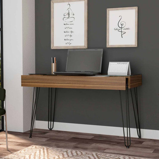 Mahogany Writing Desk with Hairpin Legs, Drawer Storage, and Glass Top Surface