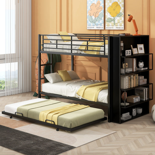 Twin Size Black Metal Bunk Bed with Integrated Bookshelf