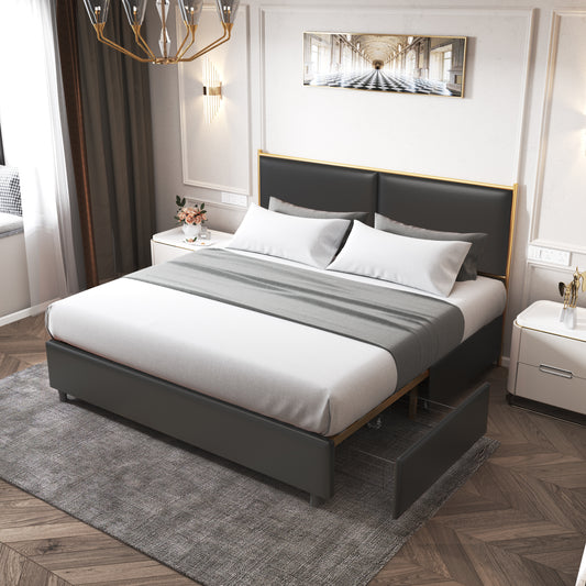 Black, King-size bed. Classic steamed bread shaped backrest, metal frame, solid wood ribs, with four storage drawers, sponge soft bag, comfortable and elegant atmosphere