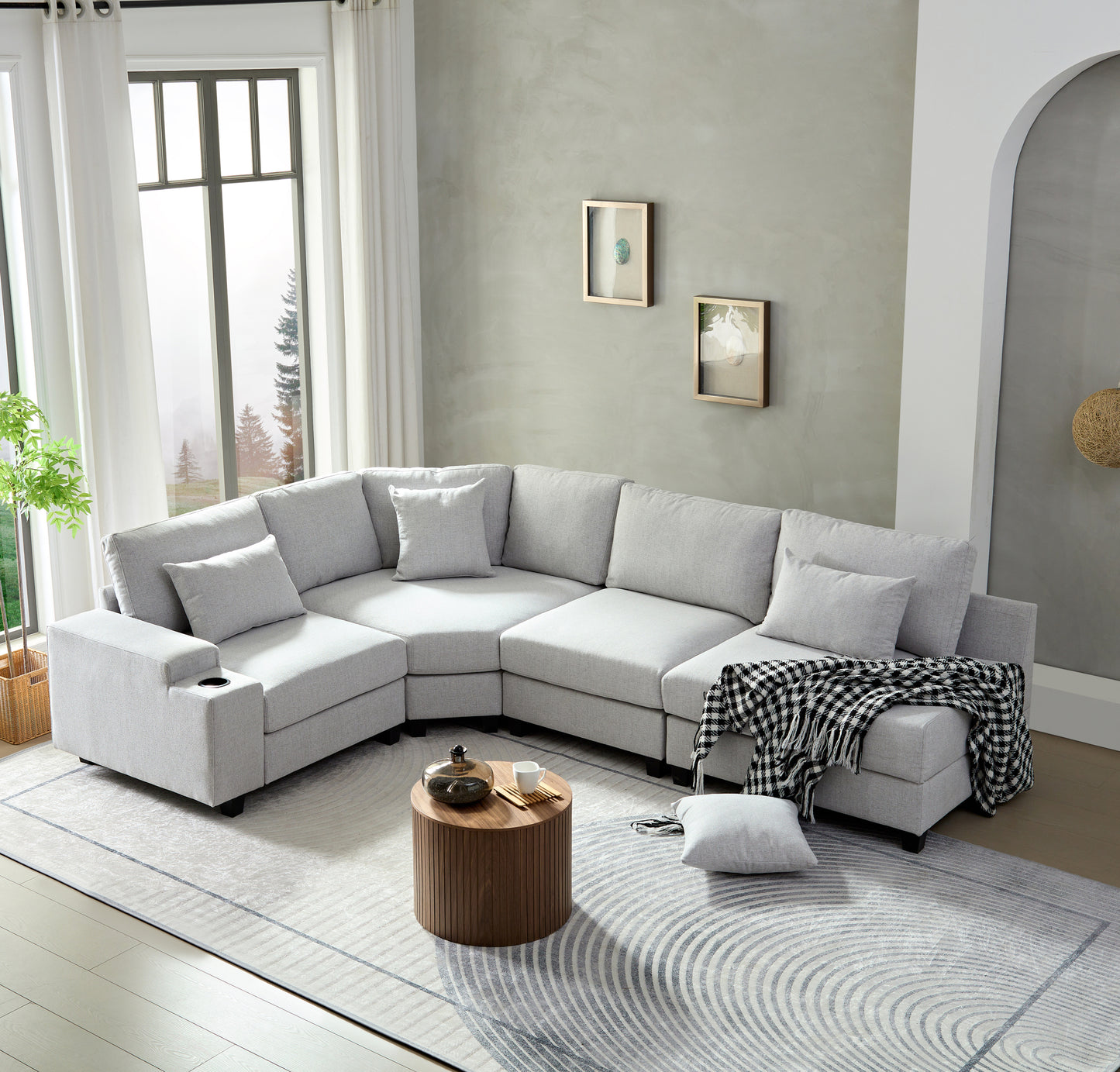 U_Style Stylish Modular Sofa Sectional with Polyester Upholstery with 4 Pillows, 1 Cup Holder with Free Combination for Living Room