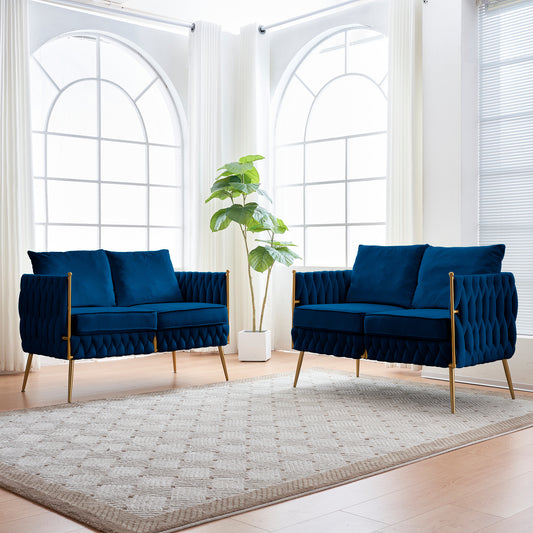 Luxurious Blue Velvet Loveseat Set with Handmade Woven Back