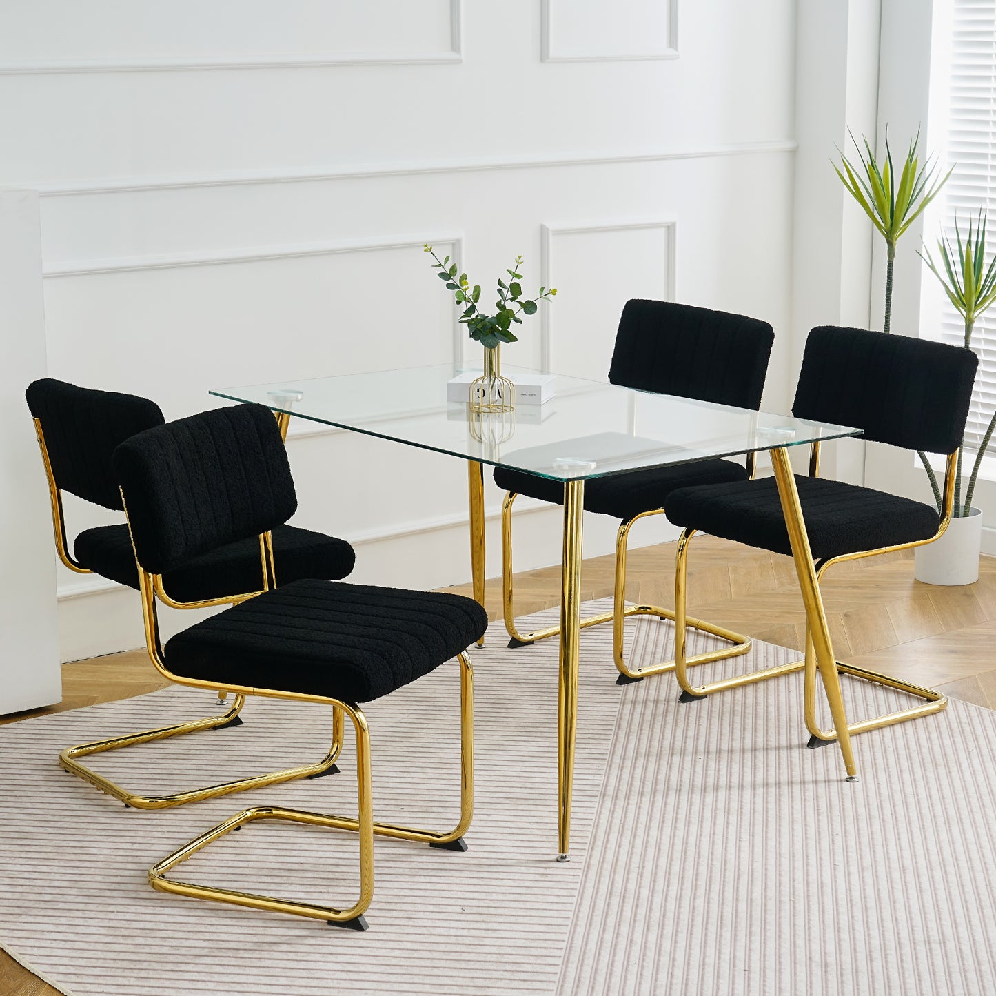 Modern simple light luxury dining Black chair home bedroom stool back dressing chair student desk chair gold metal legs(set of 4)