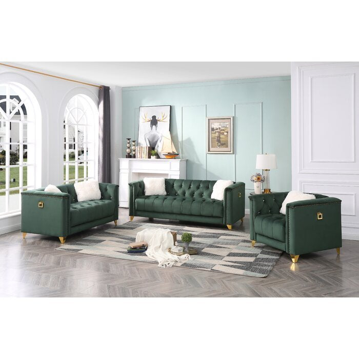 Russell Tufted Upholstery 3Pc Living Room Set Finished in Velvet Fabric in Green