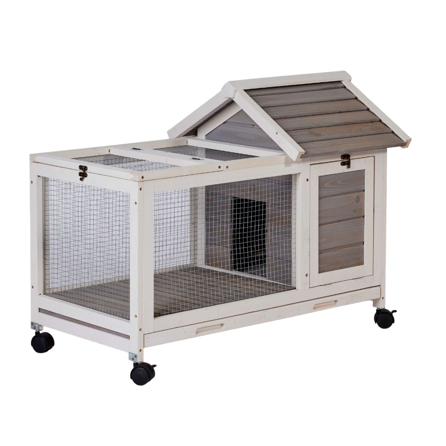 Wooden Rabbit Hutch 40.7" L x 23.4" W x 30" H, Bunny Cage  with 4 Wheels