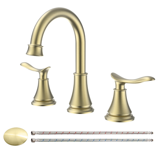 Luxury Brushed Gold 3-Hole Bathroom Sink Faucet with Swivel Spout