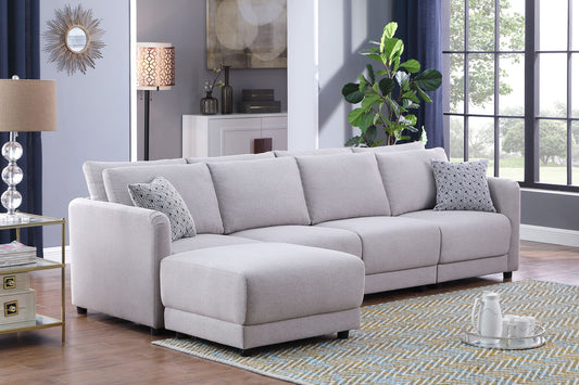 Penelope Light Gray Linen Fabric 4-Seater Sofa with Ottoman and Pillows