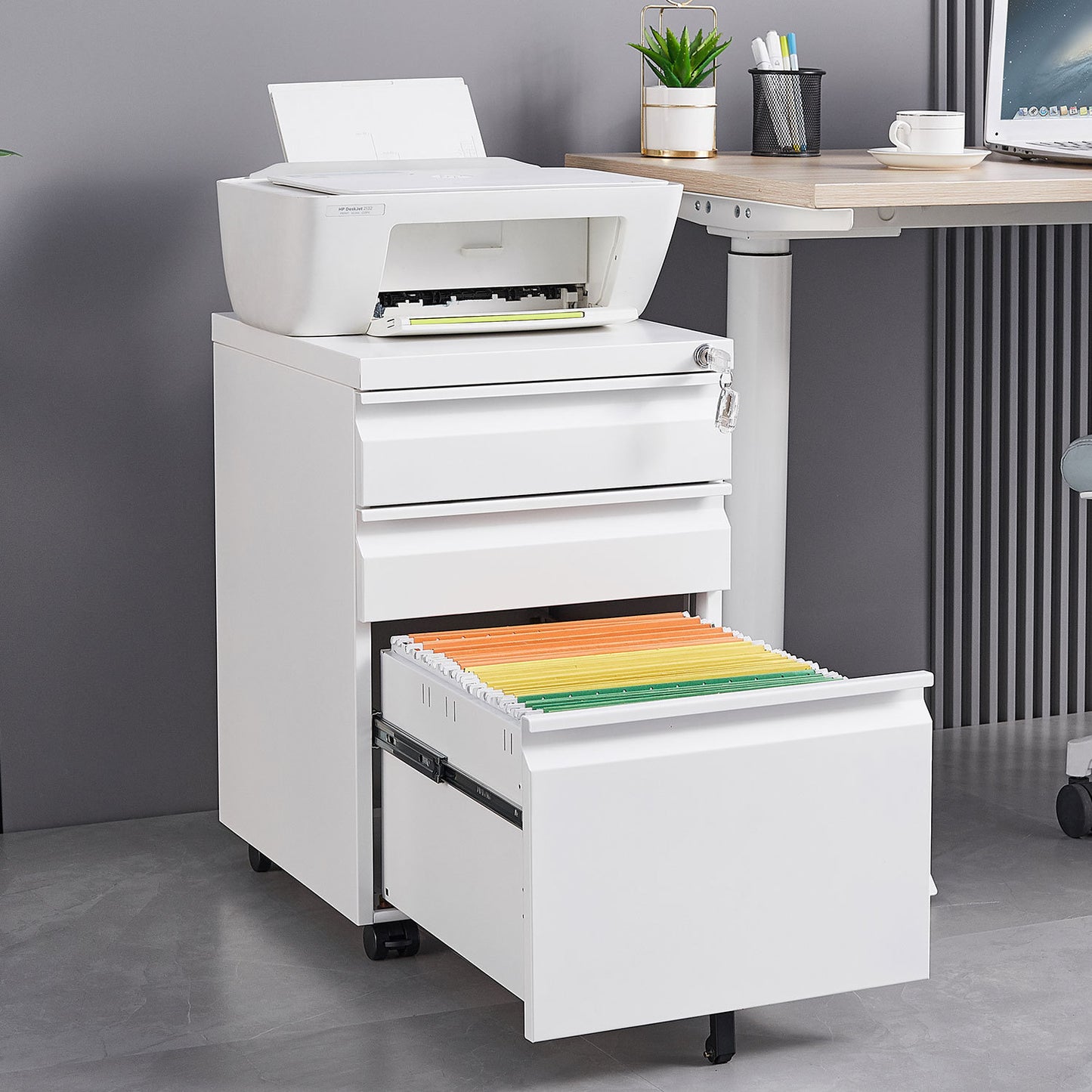 Mobile 3-Drawer Filing Cabinet with Lock, White Metal Office Storage for Legal/Letter Size Files