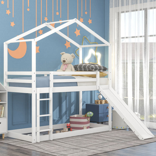 White Twin Playhouse Bunk Bed with Roof, Slide, and Ladder for Fun and Comfort