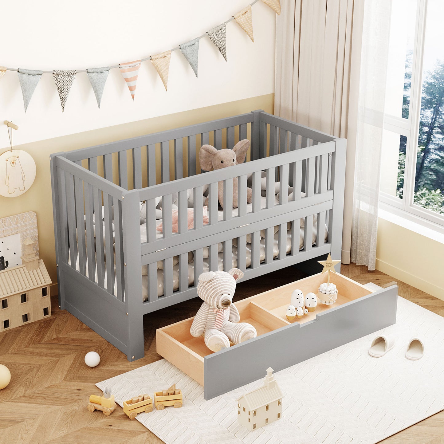 Crib with Drawers and 3 Height Options, Gray