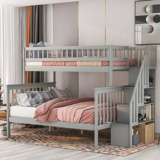 Gray Twin Over Full Storage Bunk Bed with Stairway