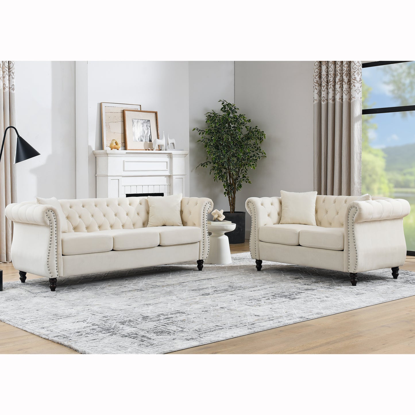 Classic Beige Velvet Chesterfield Sofa Set - 3-Seater and 2-Seater Combination