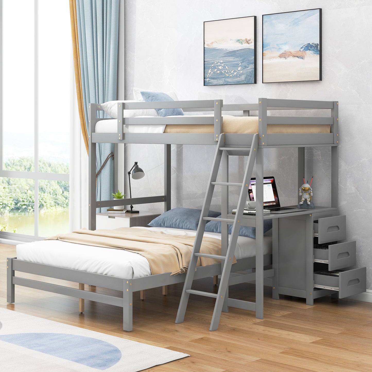 Grey Twin over Full Bunk Bed with Desk and Storage