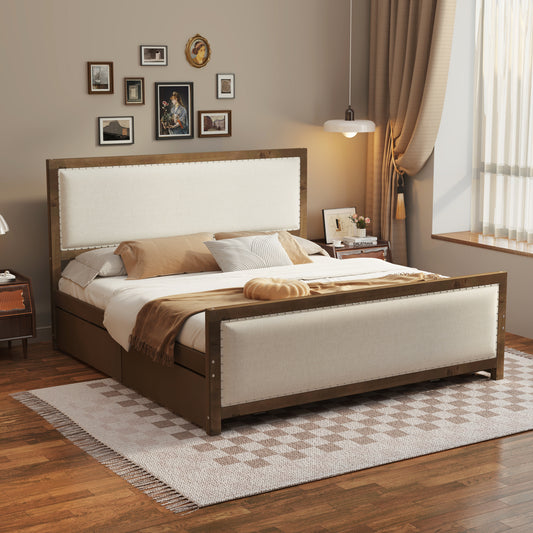 Queen Size Upholstered Platform Bed with Wood Frame and 4 Drawers, Natural Wooden+Beige Fabric