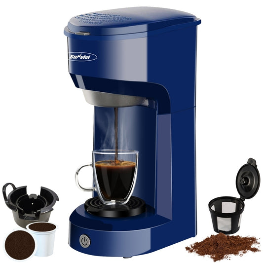 Blue Single Serve Coffee Maker with K Cup Pod and Ground Coffee Options