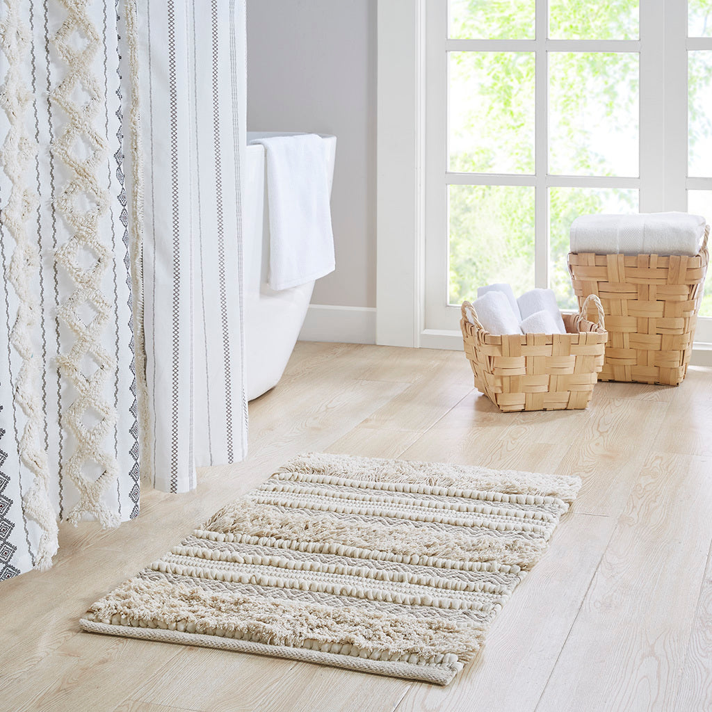 Boho Handwoven Stripe Bath Rug with Textured Natural Design