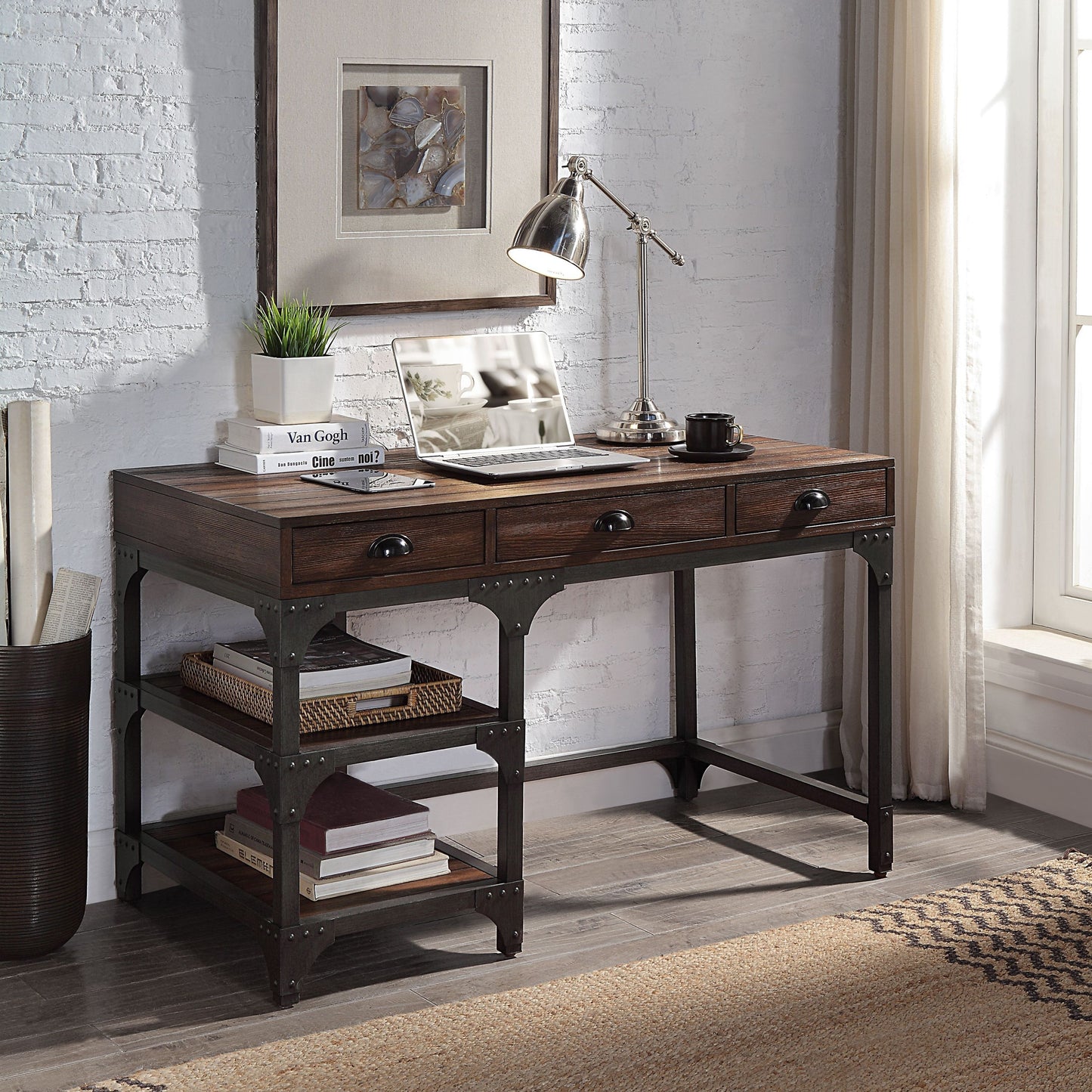 Sophisticated Espresso Oak Writing Desk with Vintage Black Metal Frame