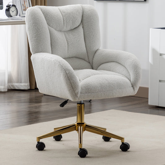 005-Teddy Fabric 360 Swivel Home Office Chair With Gold Metal Base And Universal Wheels,Ivory