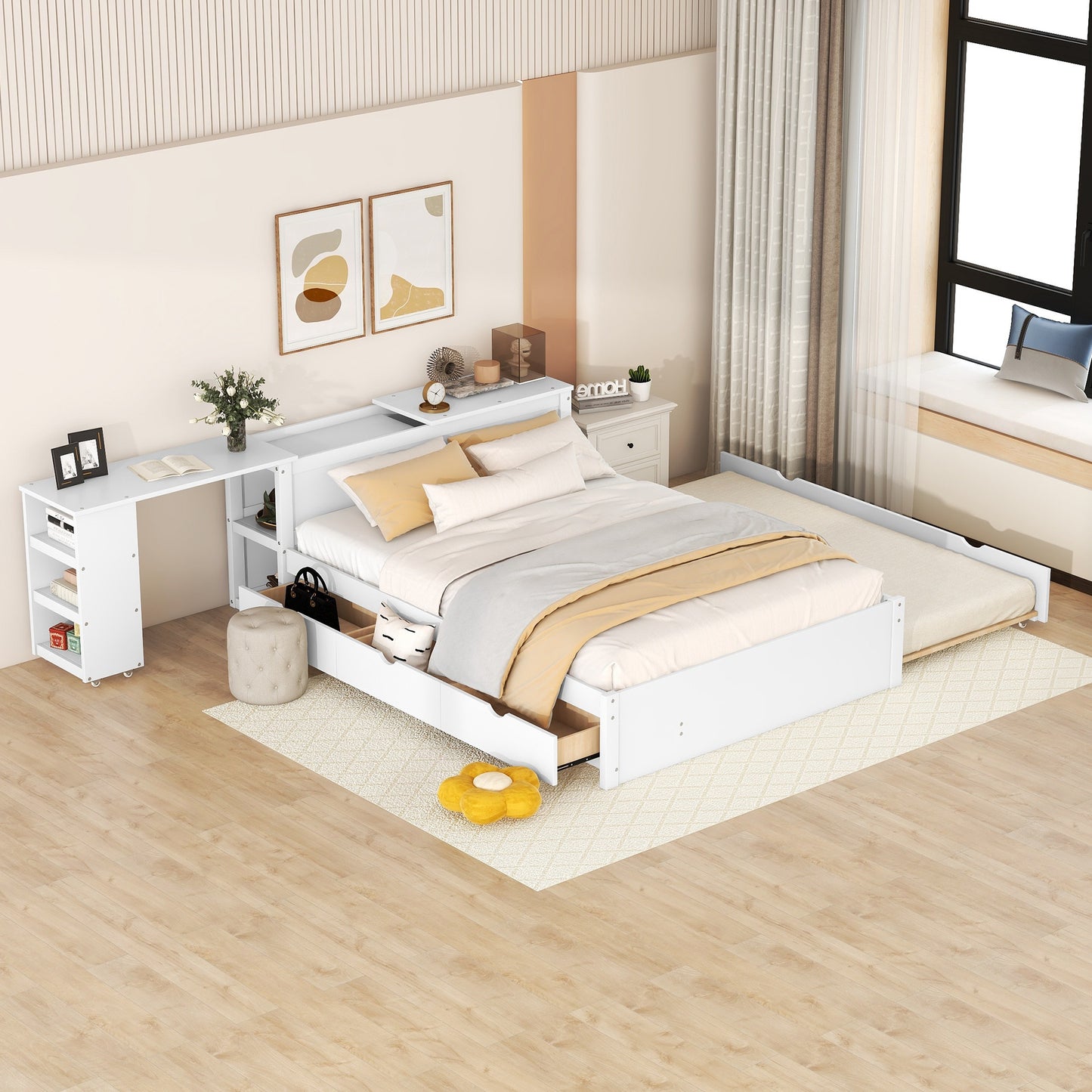 Full Size Platform Bed With a Rolling Shelf, White