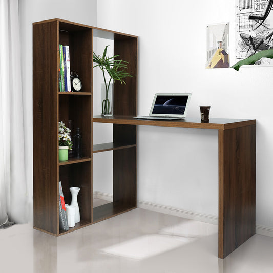 H-Shaped Wooden Computer Desk with Adjustable Shelves - Walnut