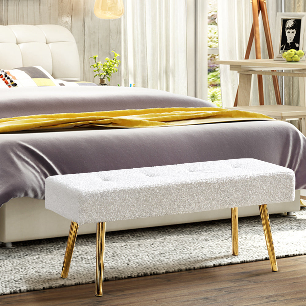 Long Bench Bedroom Bed End Stool Bed Benches White Teddy Fabric With Gold Legs